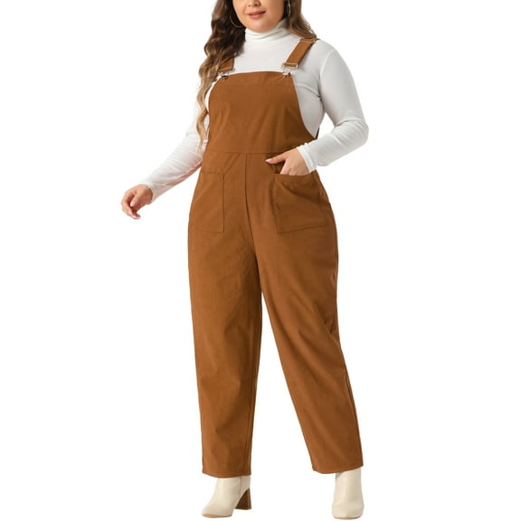 DARING DIVA Women's Plus Corduroy Overalls Casual Jumpsuit with Pockets 1X Caramel