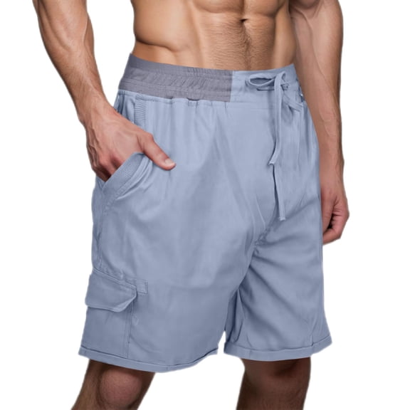Cargo Shorts for Men 7" Cotton Linen Breathable Multi-Pockets Drawstring Elastic Waist Short Pants Fathers Gift