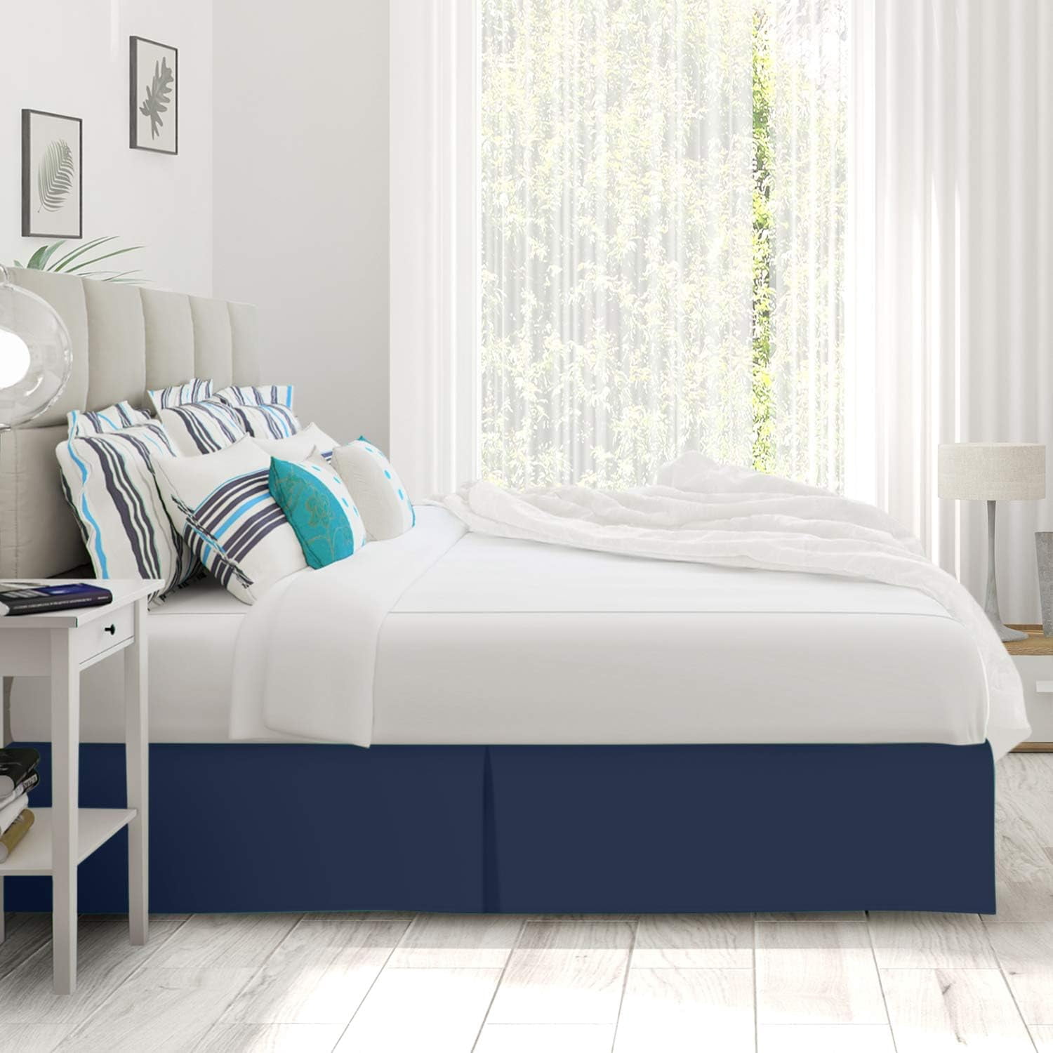 Twin XL Size Pleated Bed Skirt, Navy Blue, 10 Inch Drop, 120 GSM Microfiber, Wrinkle-Free, Fade Resistant, Easy Fit Box Spring Cover