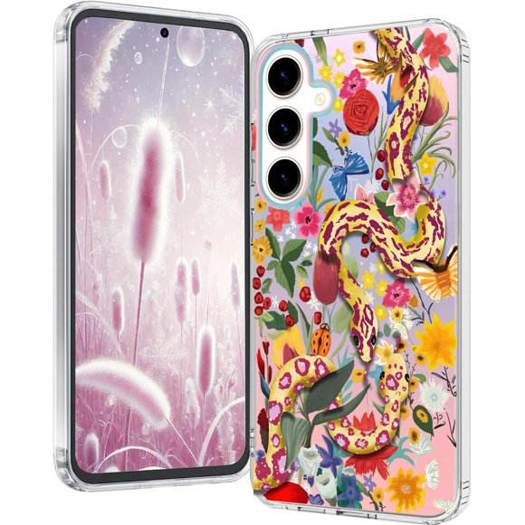 SHILIU-for Samsung Galaxy S25 Case: Clear Matte Cute Flowers Floral Design for Girls Women Slim Soft TPU Bumper Shockproof Silicone Cherry Blossoms Cell Phone Cover (Snake)