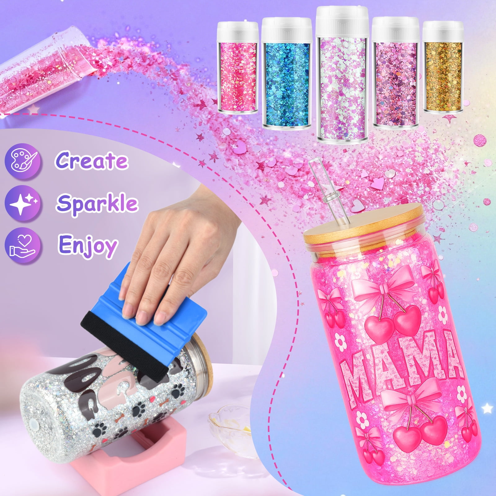 2-Pack Snow Globe Tumbler Supplies ，25 Pcs DIY  Snowglobe Cup Set– Includes 16oz Double-Wall Acrylic Tumbler, Cup Cradle, UV DTF Wraps, Holographic Glitter and More,Ideal Gifts for Girls