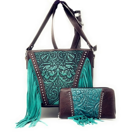 Floral Top Zip Tote Concealed Carry Zip Top Shoulder Bag Tote Floral Tooled Genuine Leather Handbag Purse&Wallet With Fringe ()