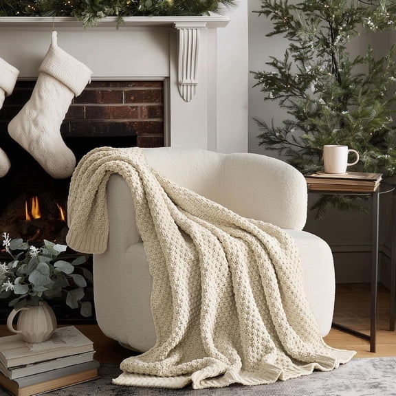 Chunky Chenille Knit Throw Blanket for Couch, Soft Luxurious Moss Stitch Blankets for Bed, Cozy Decorative Farmhouse Knitted Throws for Sofa, Beige, 50" x 60"
