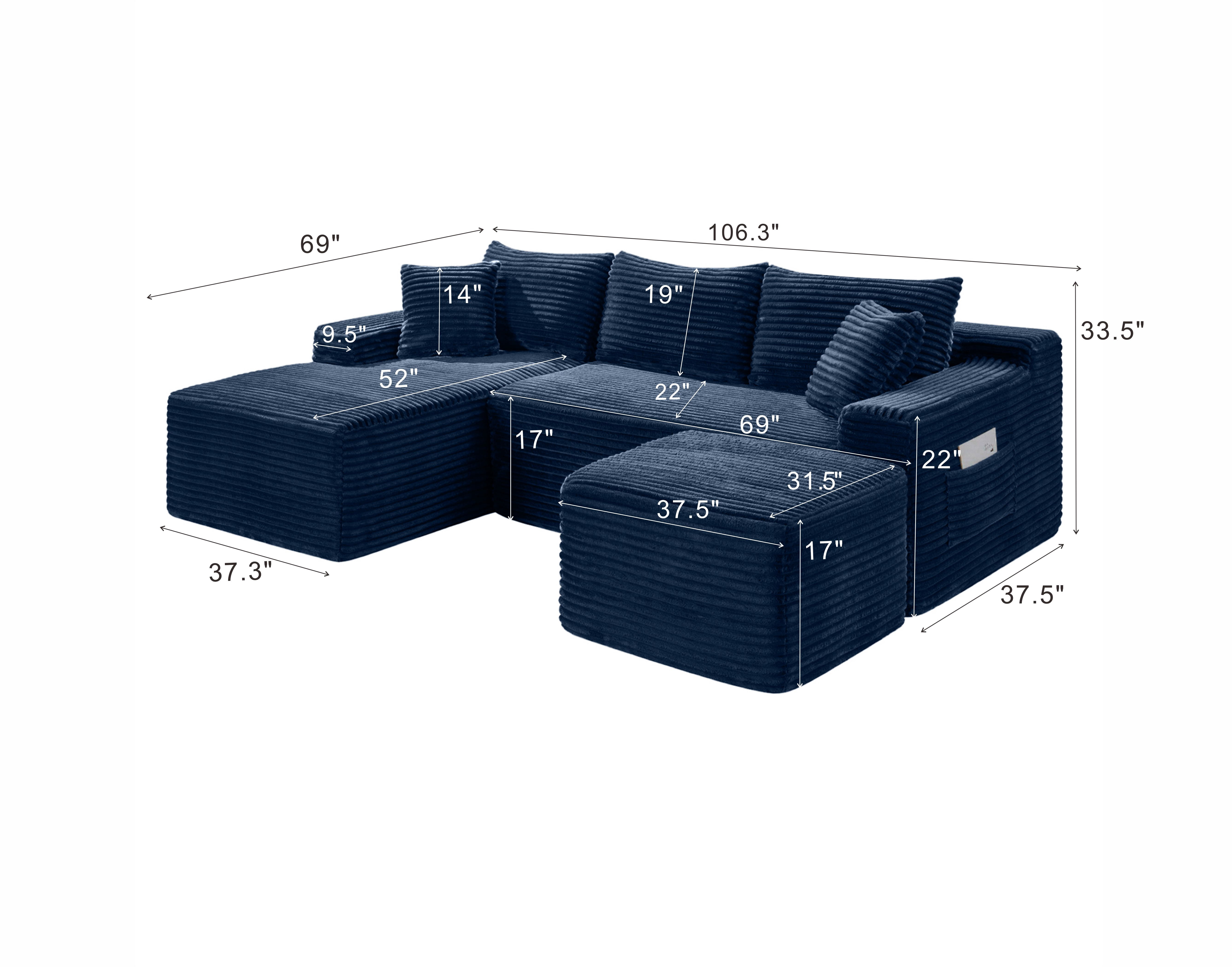 Leumius 106" Sectional Sofa Couch with Deep Seat,U-Shaped Cloud Modular Sleeper Couches for Living Room,Bedroom,Apartment,No Assembly Required,Blue-Right