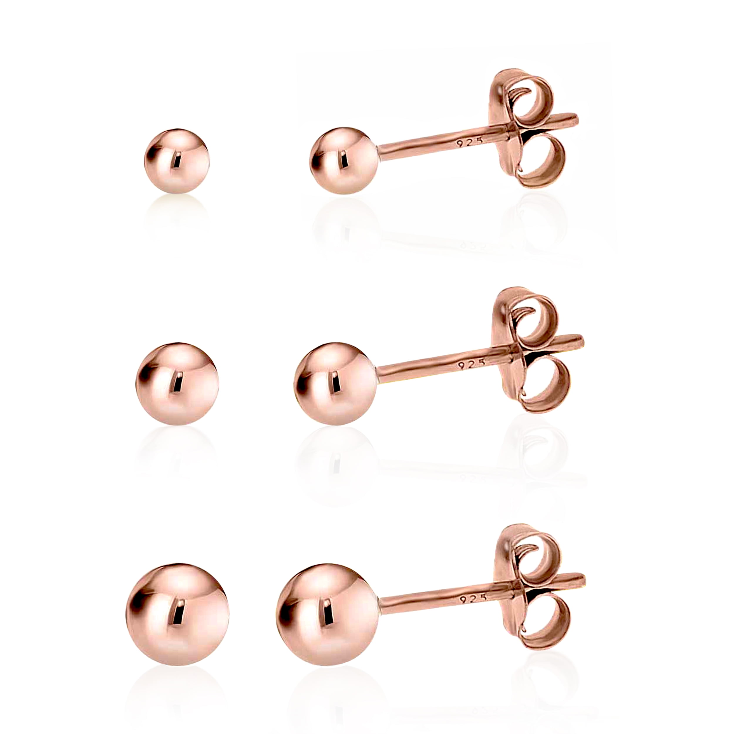 Rose Gold over 925 Silver High Polish Smooth Round Ball Stud Earring 3Size Set 2mm, 3mm, 4mm