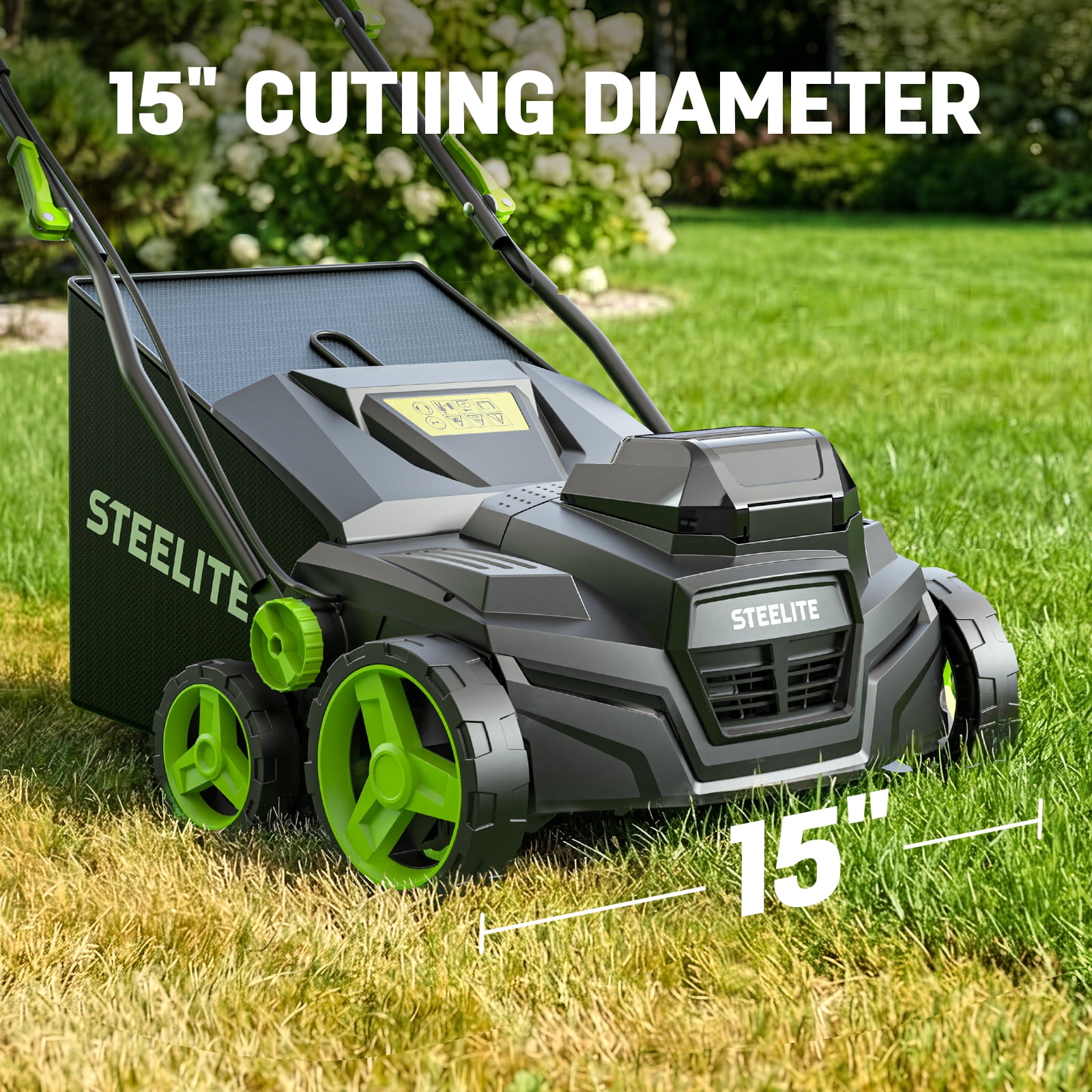 Steelite 2x21V 15-Inch Cordless Dethatcher and Scarifier with Brushless Motor, 2-in-1 Battery Powered Dethatcher with Removable 11.9-Gallon Collection Bag and 2 x 4.0 Ah Batteries