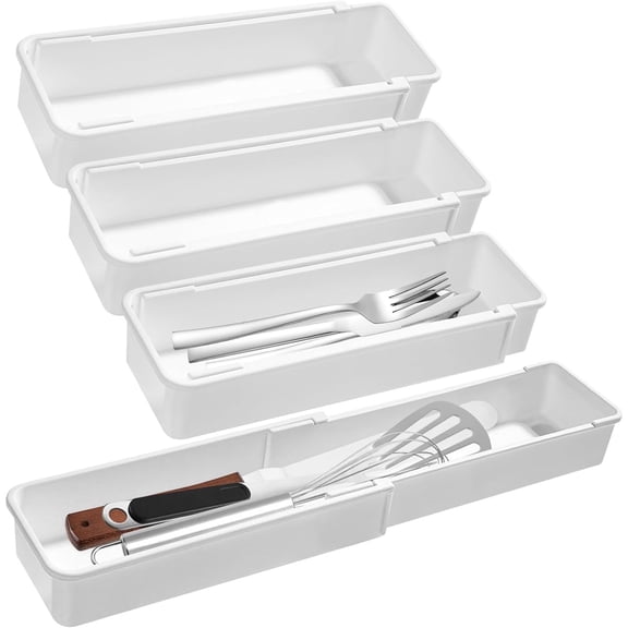 4pcs Sliding Drawer Bin, Expandable and Adjustable Kitchen Storage Organizer, White Deep Drawer Organizer Bins, Sliding Drawer Organizer Bin Expandable and Adjustable Tray for Kitchen Utensils