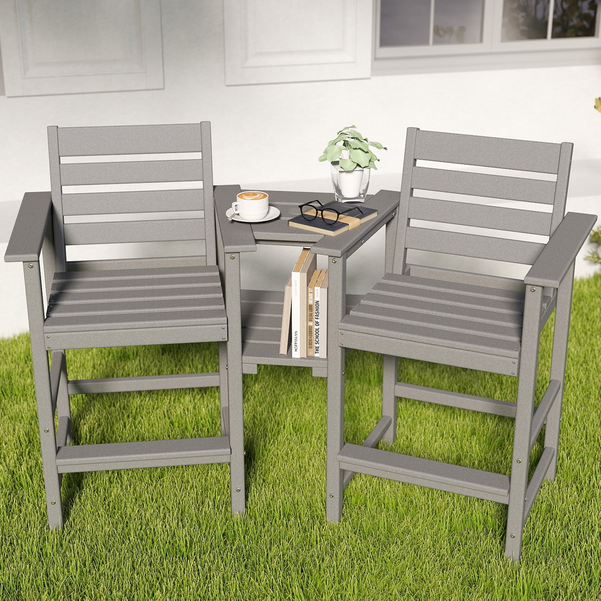FOOWIN HDPE Plastic Tall Adirondack Chair Set of 2 W/ Outdoor Barstools and Connecting Tray, Gray