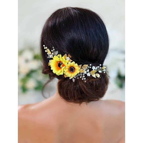 Wedding Hair Vine Accessory Sunflower Bride Headpiece Gold Flower Headband for Women and Girls (Gold)