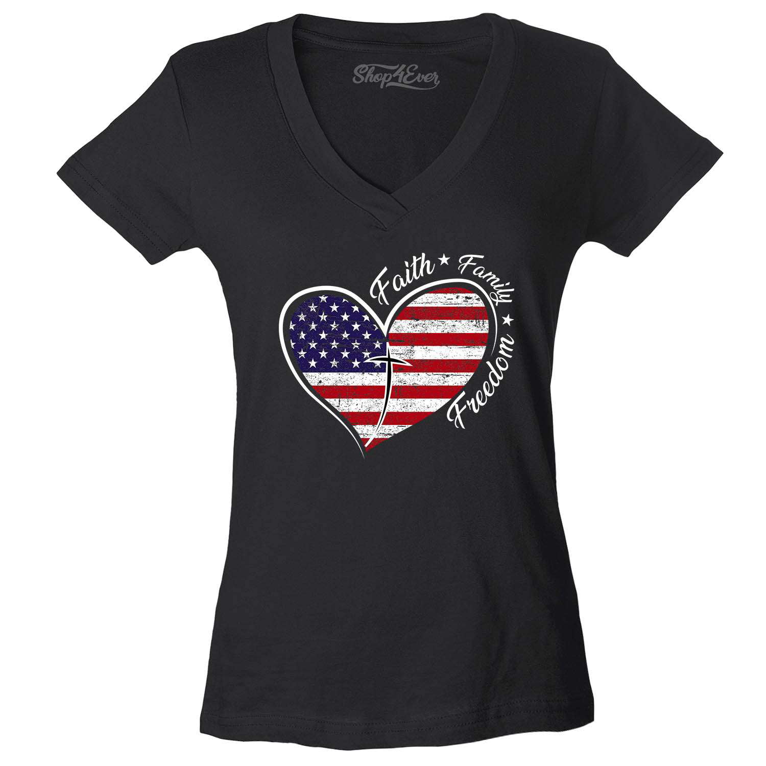 Shop4Ever Women's Faith Family Freedom American Flag Heart USA Slim Fit ...