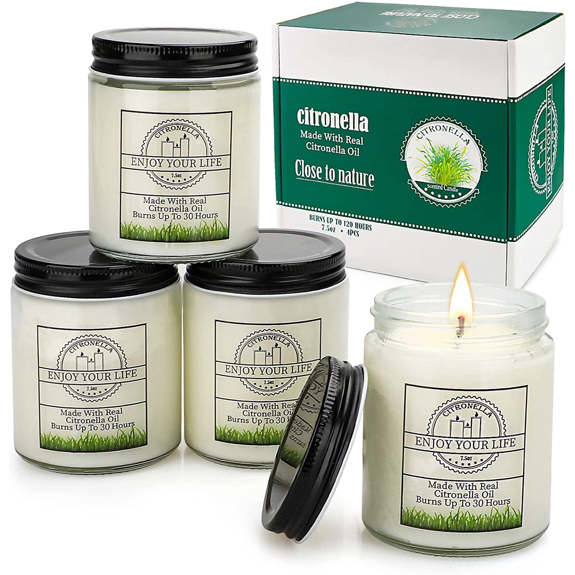 SONSIEN Citronella Candles Outdoor Large Scented Jar Candles Set Long Lasting Soy Wax for Home Garden Patio Balcony 7.5oz 4 Pack