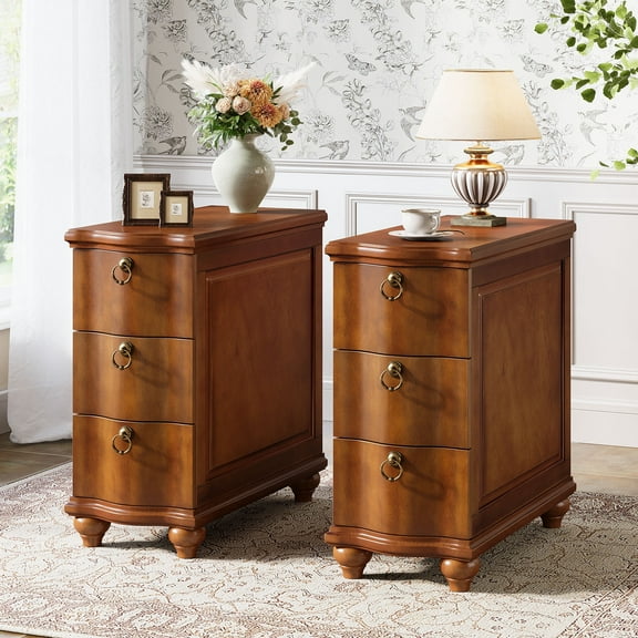 Finmind Wood Side Table with 3-Drawers, Fully Assembled Narrow Slim End Table, No Assembly Required, Nightstand for Bedside, Small Spaces, Living Room, Bedroom, Walnut Brown 2PCS