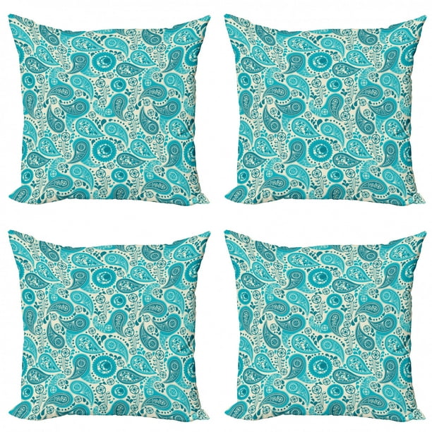 Turquoise Throw Pillow Cushion Case Pack of 4, Paisley Pattern Antique