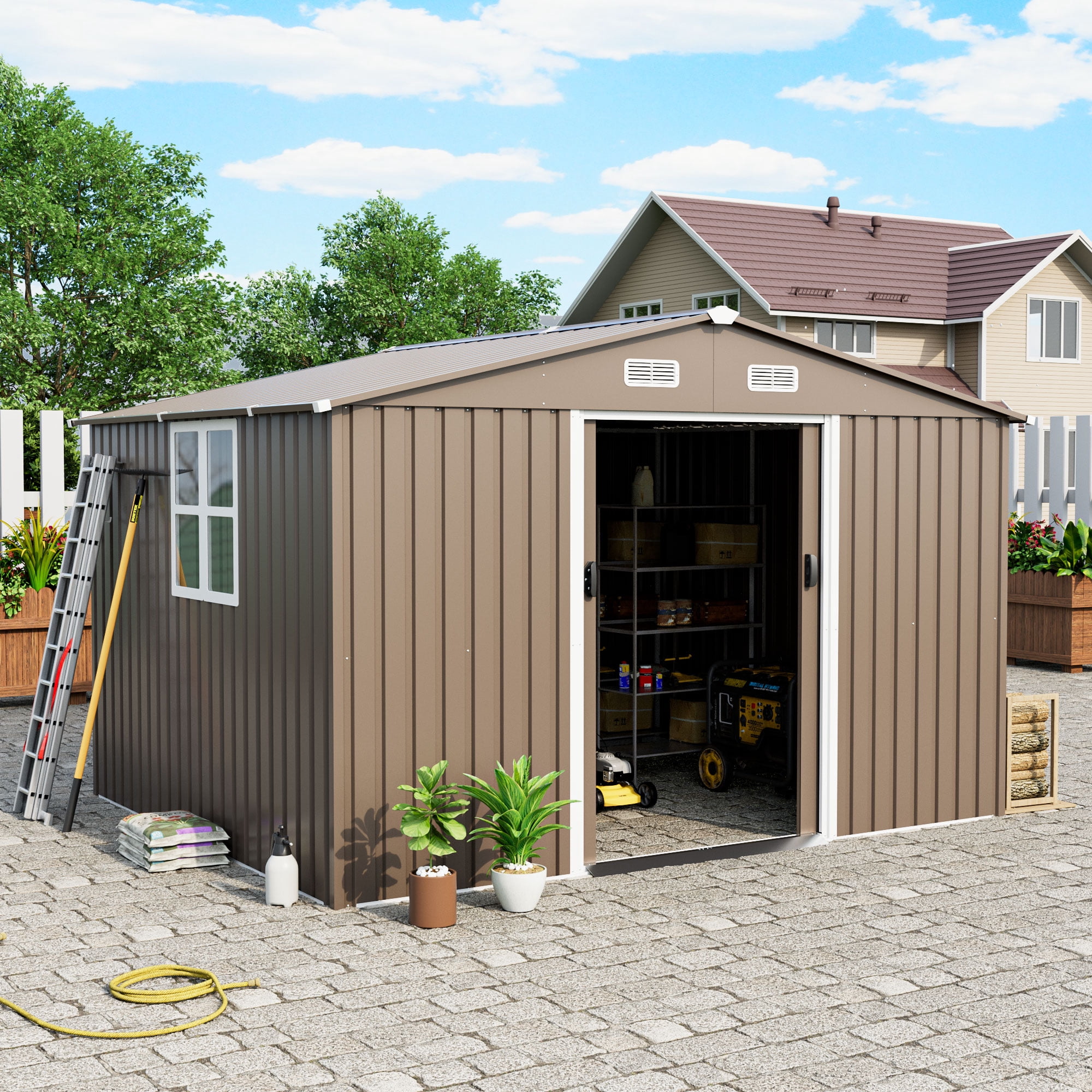 Gotland 10 x 8 FT Metal Tool Storage Shed - Waterproof Outdoor Shed with Lockable Sliding Door & Air Vents for Garden/Backyard