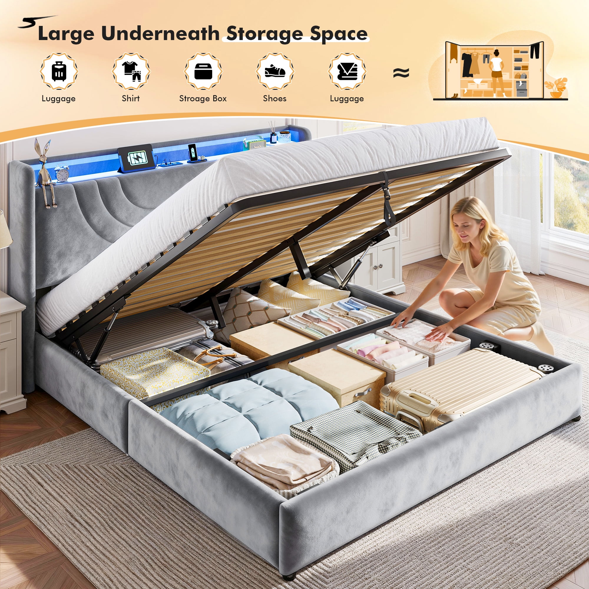 EnHomee Queen Size Lift up Hydraulic Platform Storage Bed Frame with LED Light &Charge Station,Gray