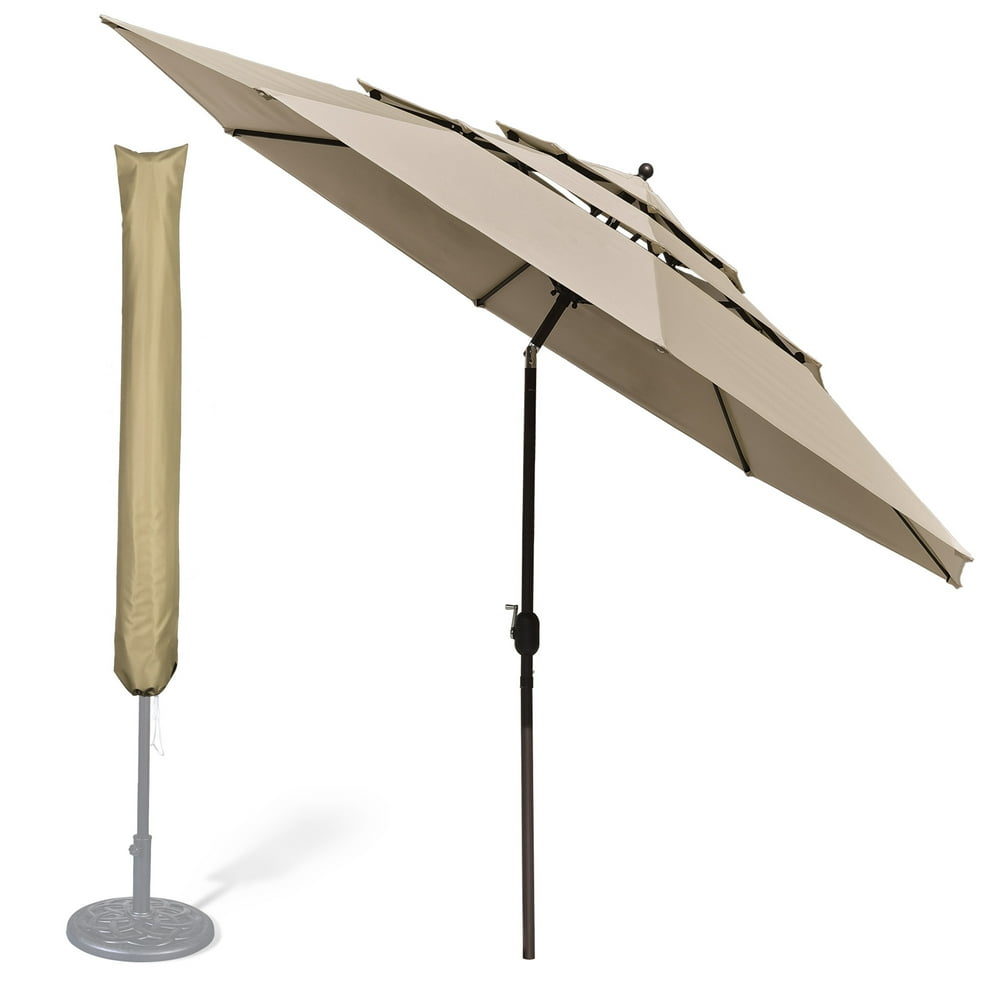 11 Ft 3 Tier Patio Umbrella with Protective Cover Crank Push to