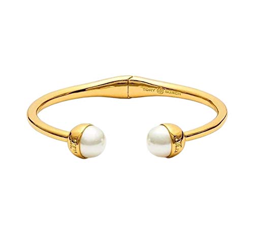 New Tory Burch Womens Gold Plated Brass Pearl Ivory Hinge Cuff Bracelet -  