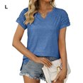 thumbnail image 3 of Sonducket Verano plisado manga corta Color sólido empalme cuello en V camiseta Casual básico Tops camisas femeninas camisetas diarias para Prendas para la parte del cuerpo Azul L, 3 of 6