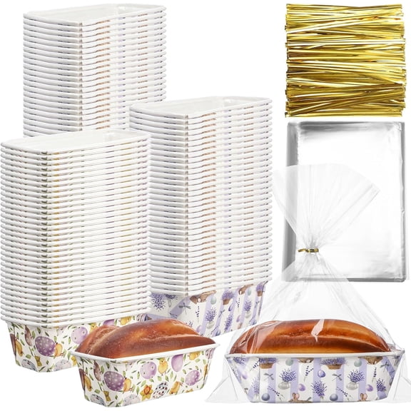 50 Sets Paper Loaf Pan for Baking 6.3 x 2.2 x 2.2 Inch Disposable Mini Loaf Pan Liners with Clear Plastic Bags and Ties Rectangle Baking Mold for Bread Cake Bakery(Novel Style)
