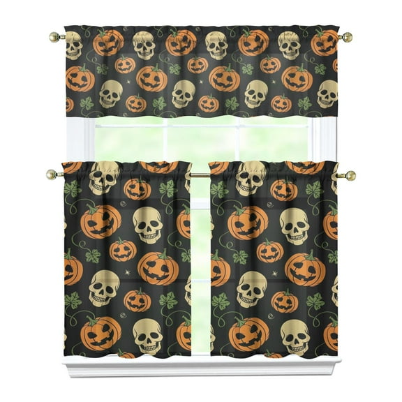 Halloween Tier Curtains Set of 3 - Spooky Ghost Pumpkin Skull Print Kitchen Window Treatments with Valance