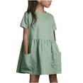 thumbnail image 2 of BRGZLK Summer Dresses for Kids, Girls Casual Round Neck Short Sleeve Linen Striped Tunic Midi Dress with Pockets Green 6-7 Years, 2 of 7