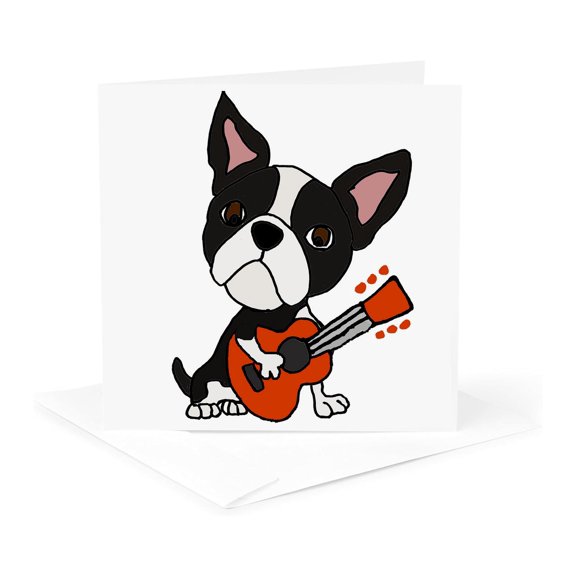 3drose, Funny Cute Boston Terrier Puppy Dog Is Playing the Guitar, 1 Greeting Card with Envelope