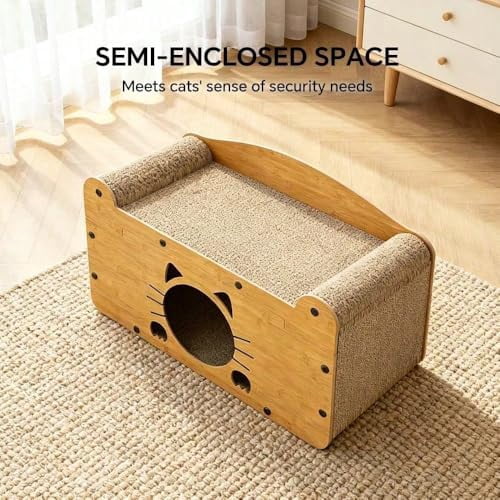 Cat Scratcher House, 2 in 1 Cat Bed and Cave, Wooden Scratching Board for Kittens and Adult Cats
