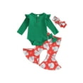 thumbnail image 2 of Baby Girls Christmas Outfit, 3 6 12 18M Long Sleeve Romper with Santa Print Flare Pants and Headband Clothing Set, 2 of 10