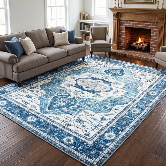 WANLISELL 6'x9' Washable Area Rugs, Vintage Non-Slip Distressed Rugs, Soft Non-Slip Carpet for Living Room, Office, Bedroom, Dinging Room, Home Decor, Blue