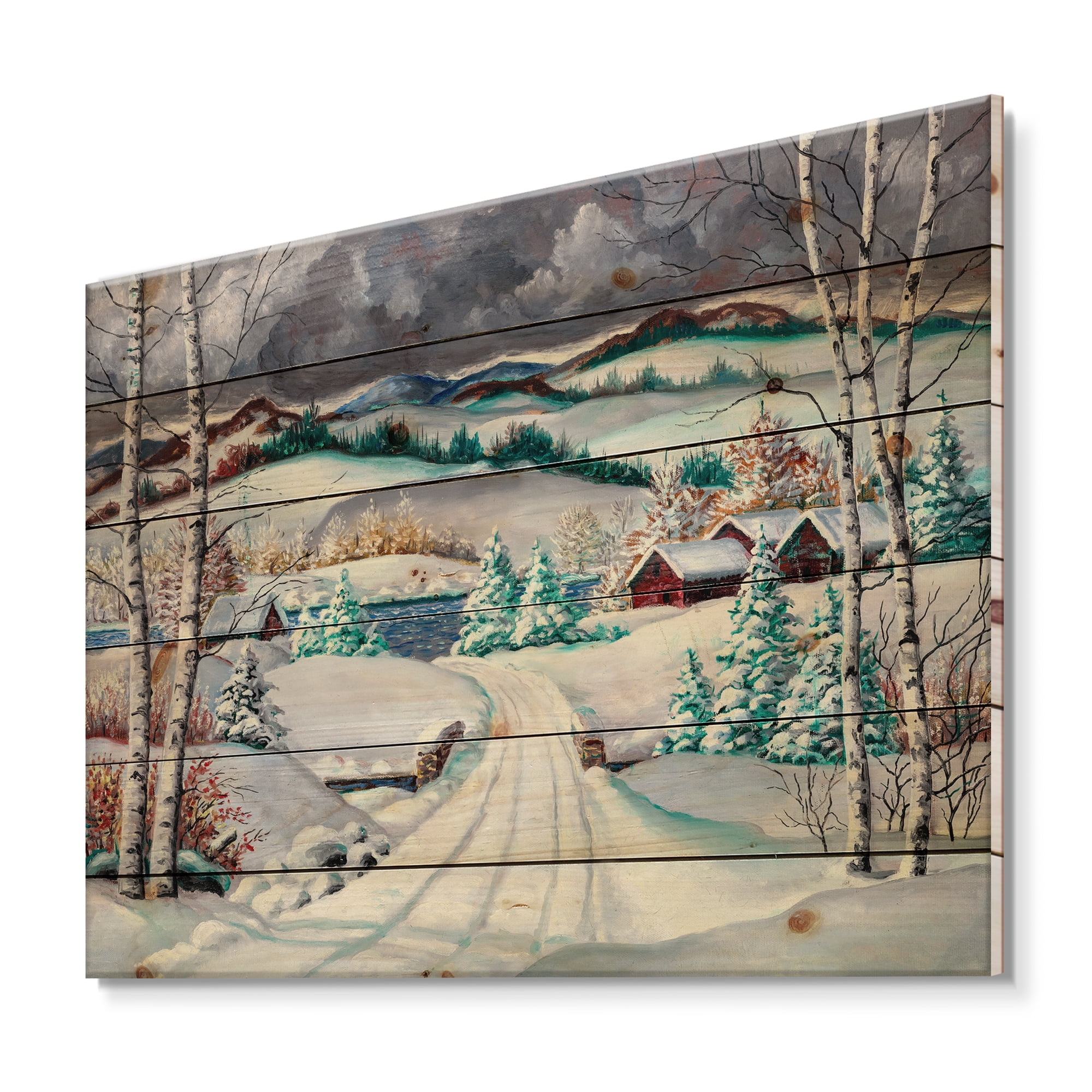 Designart 'Snowy Road In Countryside Winter Landscape' Traditional Print on Natural Pine Wood
