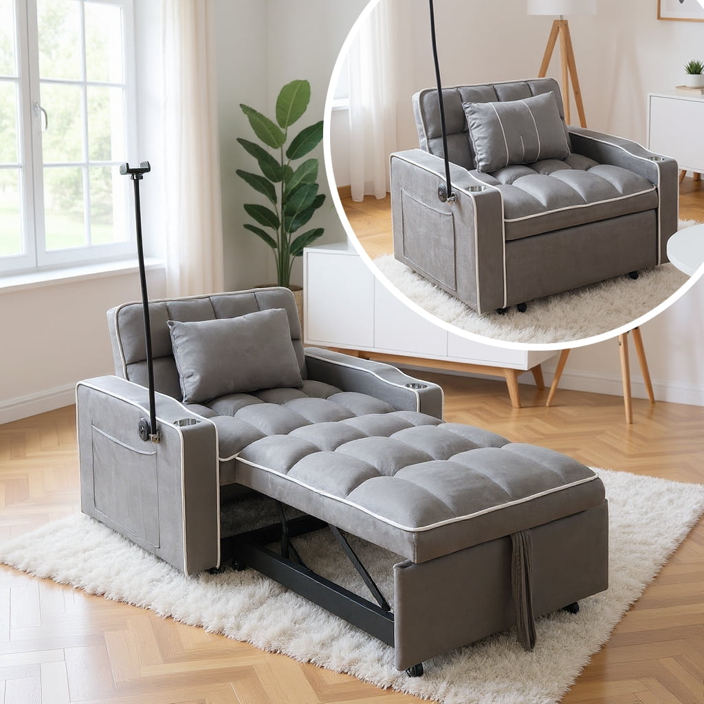 Gewnee 37.2''Convertible Sofa Bed with USB and Phone Holder,2 Cup Holders and 3 Adjustable Backrest,Suitable for Living Room,Apartment and Office.Dark Grey