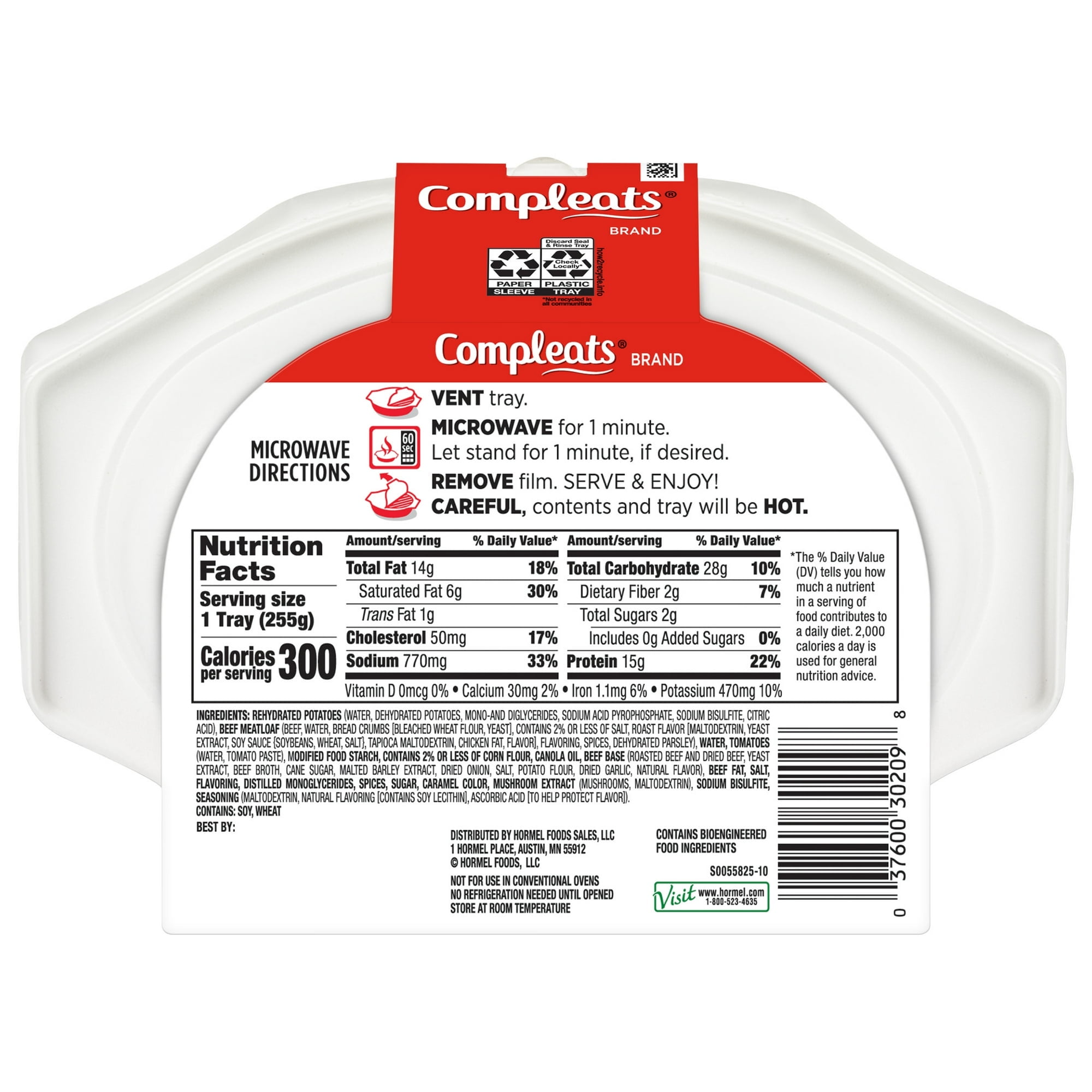 HORMEL COMPLEATS Meatloaf & Gravy with Mashed Potatoes 9 oz Plastic Microwaveable Tray (Pack of 7)