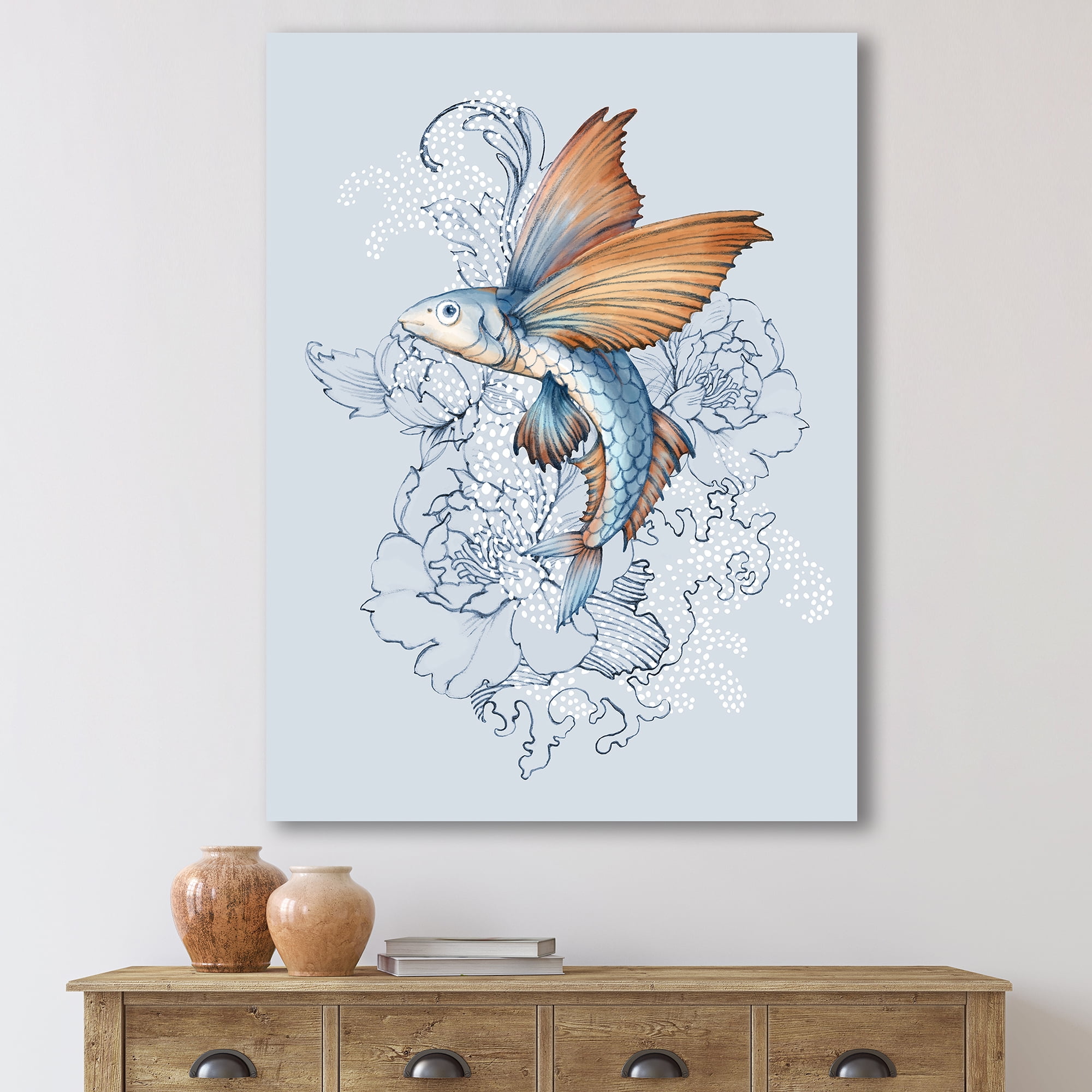Flying Fish and Peonies 30 in x 40 in Painting Canvas Art Print, by Designart