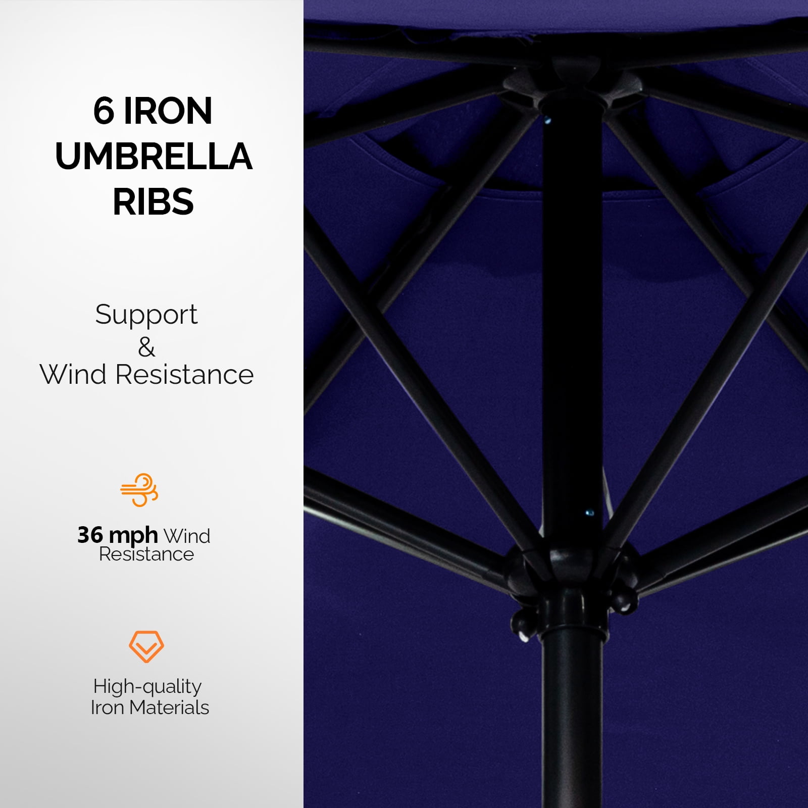 9ft Navy Blue Solar Patio Umbrella with LED Lights, UPF 50+ Waterproof Solution-Dyed Polyester Canopy, 6 Iron Ribs, Push Button Tilt & Crank Lift, Wind Resistant for Patio Garden Poolside