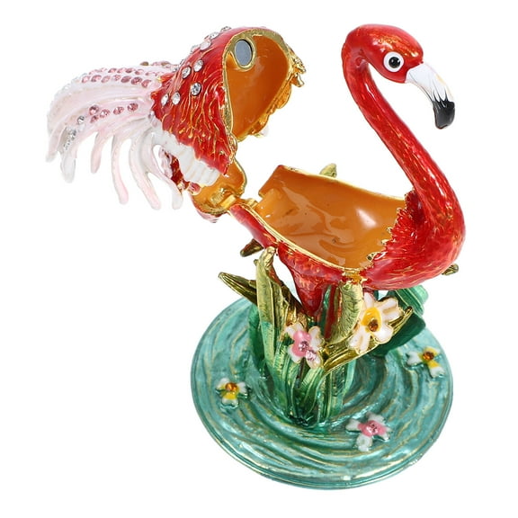 Masteelf Vintage Metal Flamingo Jewelry Box Hand Painted Enamel Trinket Box Unique Ring Earrings Organizer Figurine Keepsake Collectible for Home Decor Red