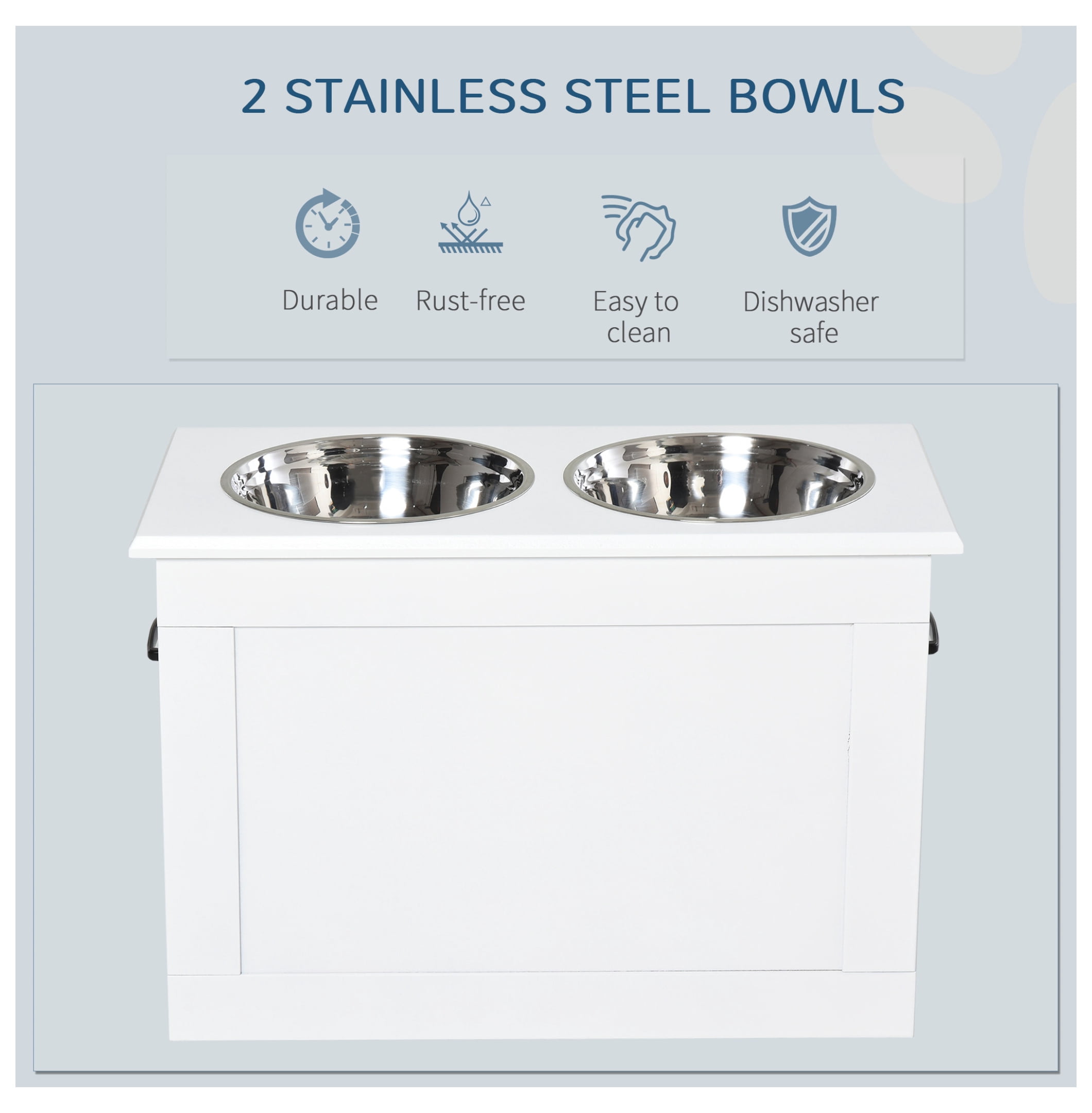 Raised Dog Bowls for Large Dogs, Elevated Pet Feeder Station with Storage, 2 Stainless Steel Bowls, White