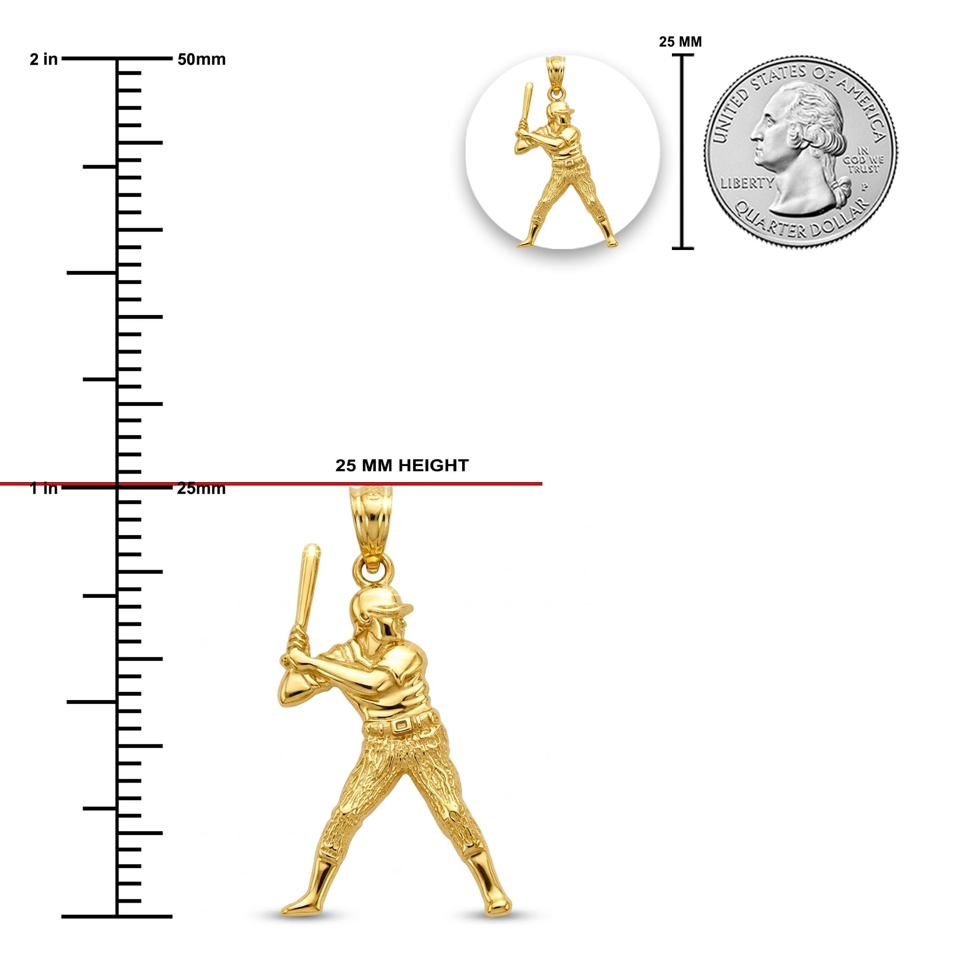 Charm America - Gold Baseball Player/Batter Charm - 10 Karat Solid Gold