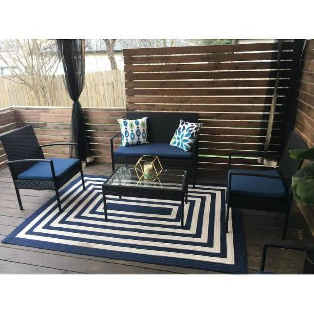4 Piece Patio Porch Furniture Set, Outdoor Rattan Patio Furniture Sets, Patio Conversation Sets, Porch Deck Furniture, Wicker Patio Chairs and Table, Blue - image 5 of 6