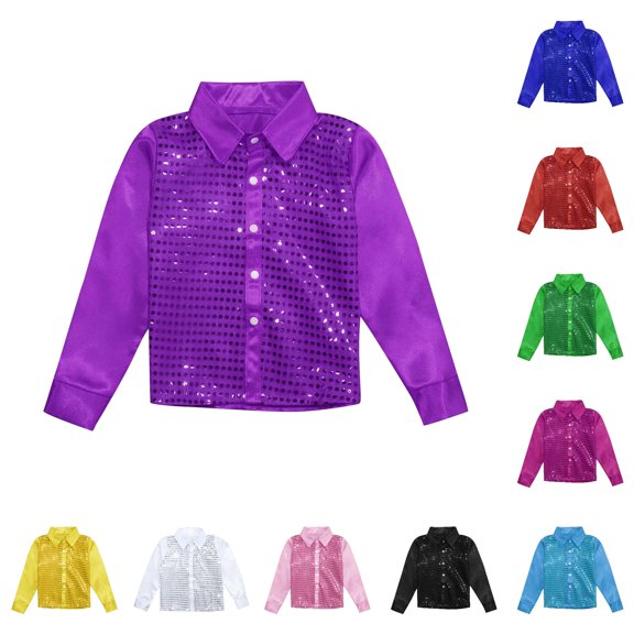 SUXIAN Boys Shirts Sparkly Sequins Long Sleeve Button Down Dance Performance Stage Style Boys Shirt Purple 11-12 Years