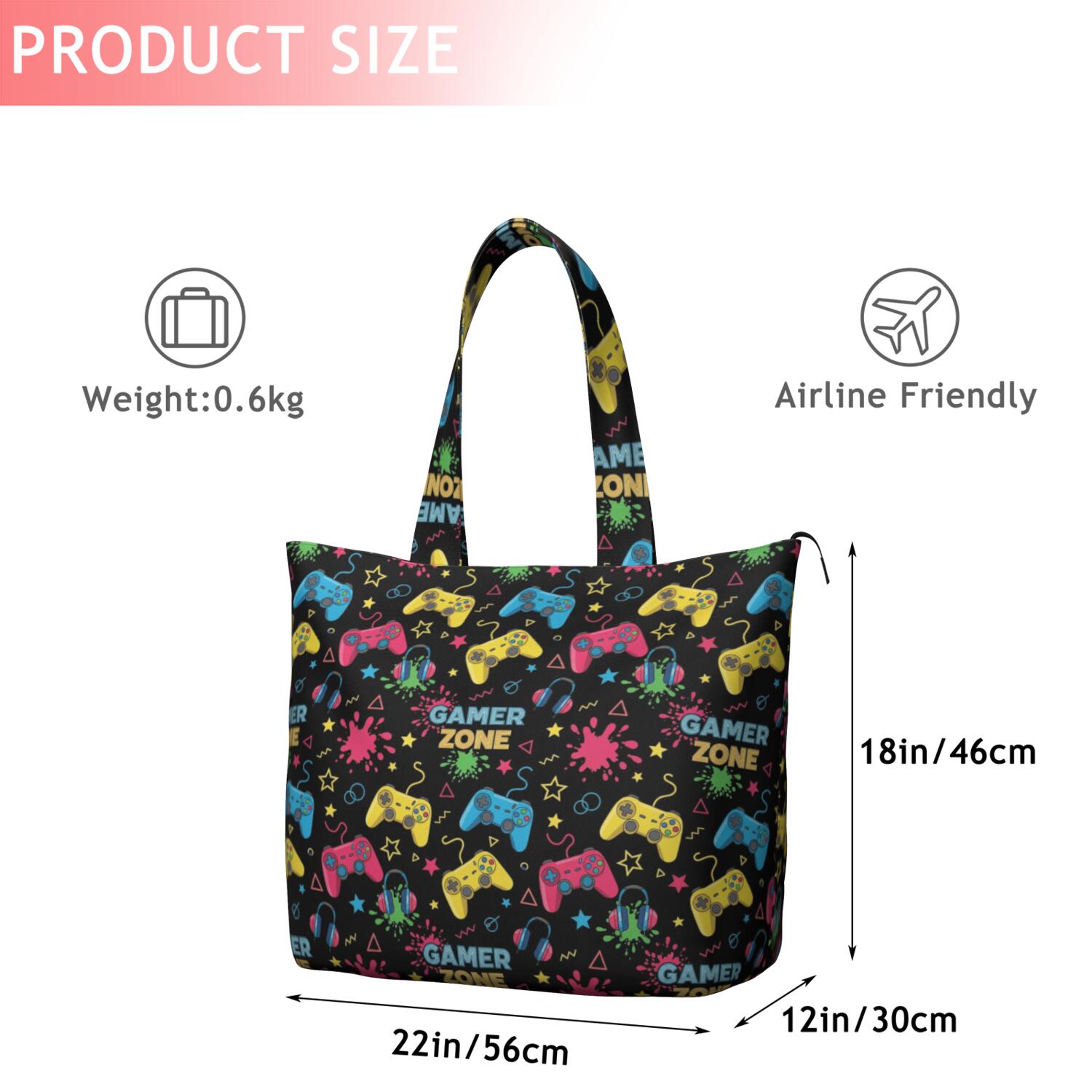 Colorful Controllers Games Icons Black Pattern Travel Tote Bags for Women Carry On,Large Weekender Bags for Women Travel,Multi Functional Duffle Bag for Work,Shopping,Sports