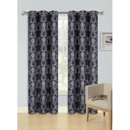 COLE SILVER Printed Thermal Insulated 100% BLACKOUT Grommet Top Window Curtain Treatment, Set of Two (2) Room Darkening Panels 37