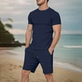 thumbnail image 2 of Mens Short Sets 2 Piece Outfits Summer Casual Soft Breathable Cotton Short Sleeve Shirts and Shorts Solid Color Men's Fashion Clothes Navy, Size XXXL, 2 of 7