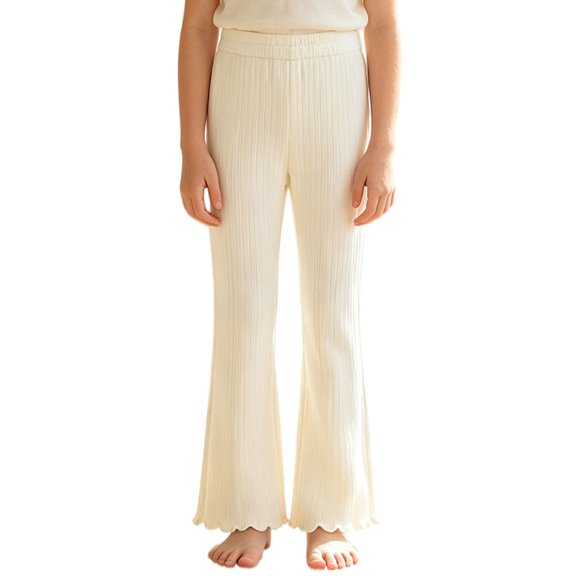 CPNG Girls Ribbed Knit Flare Pants Solid Color Elastic Waist Bell Bottoms Pants with Ruffled Trim Stretchy Casual Daily Wear Long Pants
