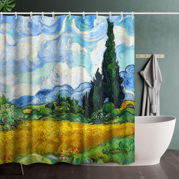 INVIN ART Bathroom Shower Curtain Set with Hooks,Wheat Field with Cypresses by Vincent Van Gogh,Home Art Paintings Pictures for Bathroom