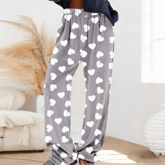Womens Flannel Pants Wide Leg Heart Printed Elastic Waist Trendy Comfy Casual Trousers Gray XXL