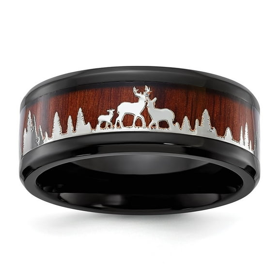 Auriga Fine Jewelry Stainless Steel Black IP-plated with Wood Inlay Deer in Forest Design 9mm Band Size 10