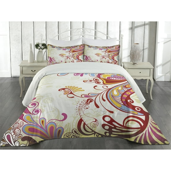 Ambesonne Colorful Quilted Coverlet 3 Pcs, Flower Bouquet Paisley, Queen Size, Grey Yellow and Multicolor