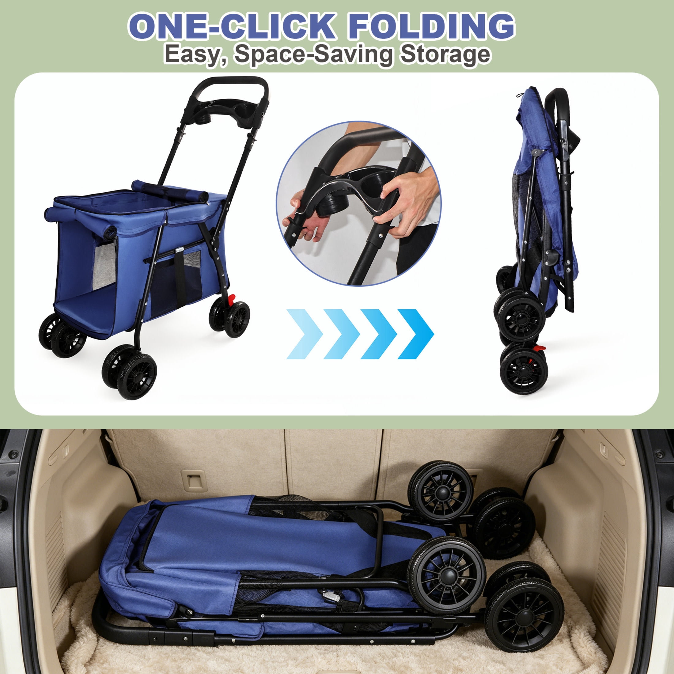 Noble House Foldable Pet Stroller for Small Medium Dogs and Cats with Mesh Canopy, Storage Tray, Navy Blue