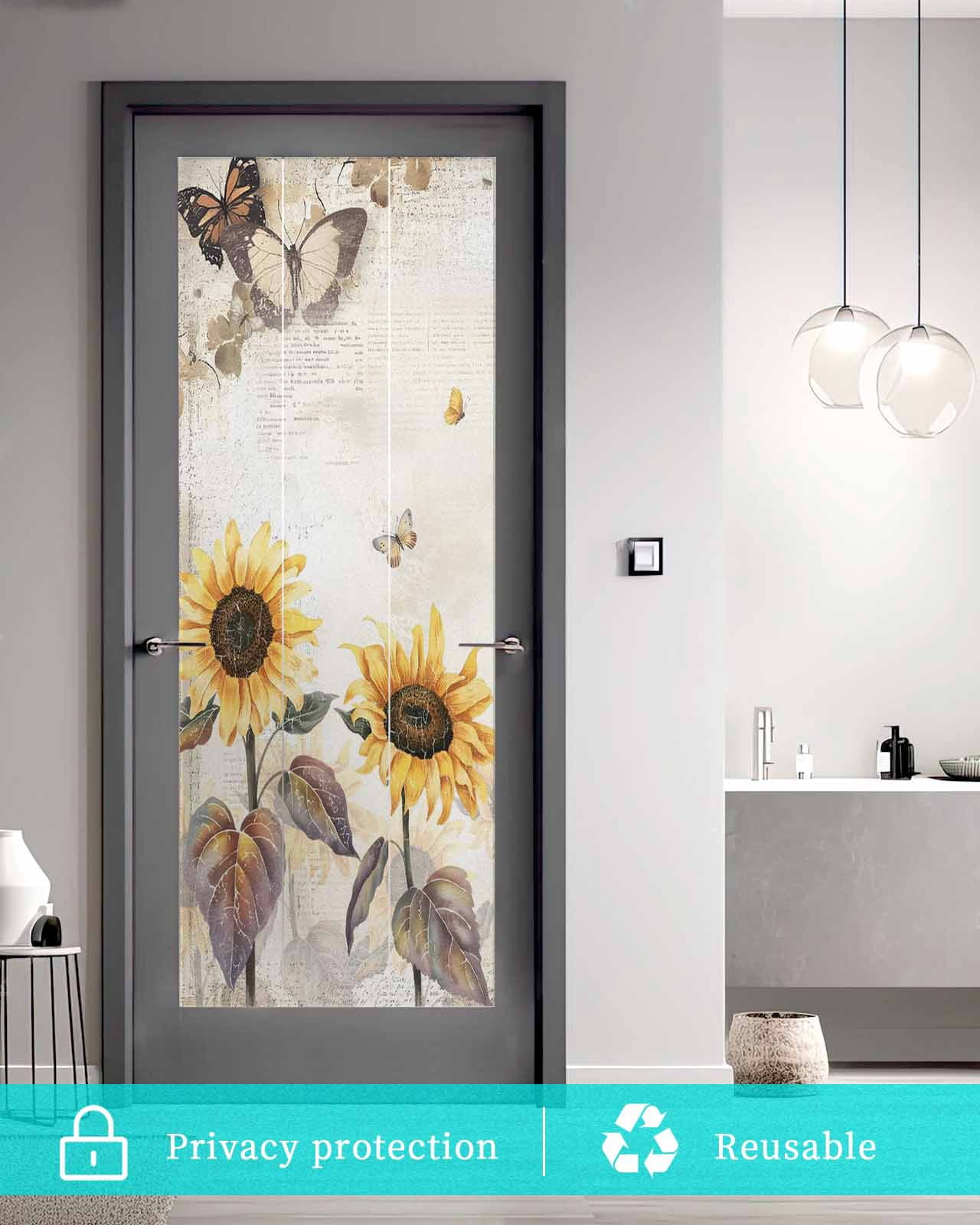 Window Privacy Film Sunflower Stained Glass Window Film Decorative Sun Block Window Cover Farmhouse Plant Retro Butterfly Yellow Floral Window Clings Static Adhesive Sticker for Bathroom 29.5"x78.7"