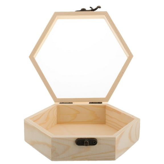 QIFULL Hexagon Wooden Keepsake Box with Glass Lid Pine Wood Storage for Jewelry and Decor